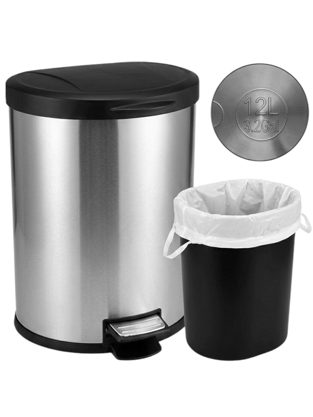 Stainless Steel Step Trash Can 12L 3.2 Gal with Soft Close Lid & Inner Bucket